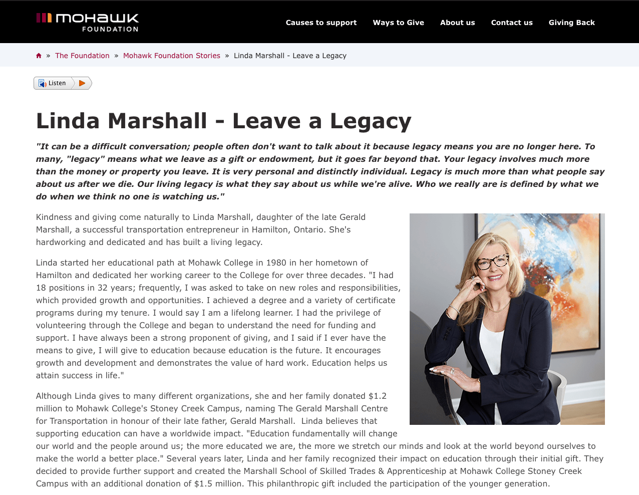 Mohawk College Foundation, Linda Marshall - Leave a Legacy